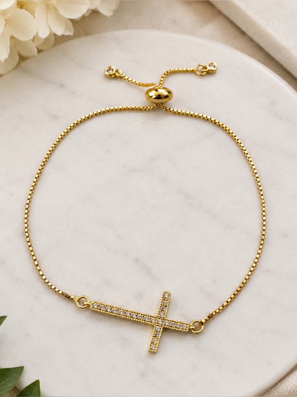 Gold Tone Cross Bracelet | Adjustable Slider Chain | Christian Faith Jewelry